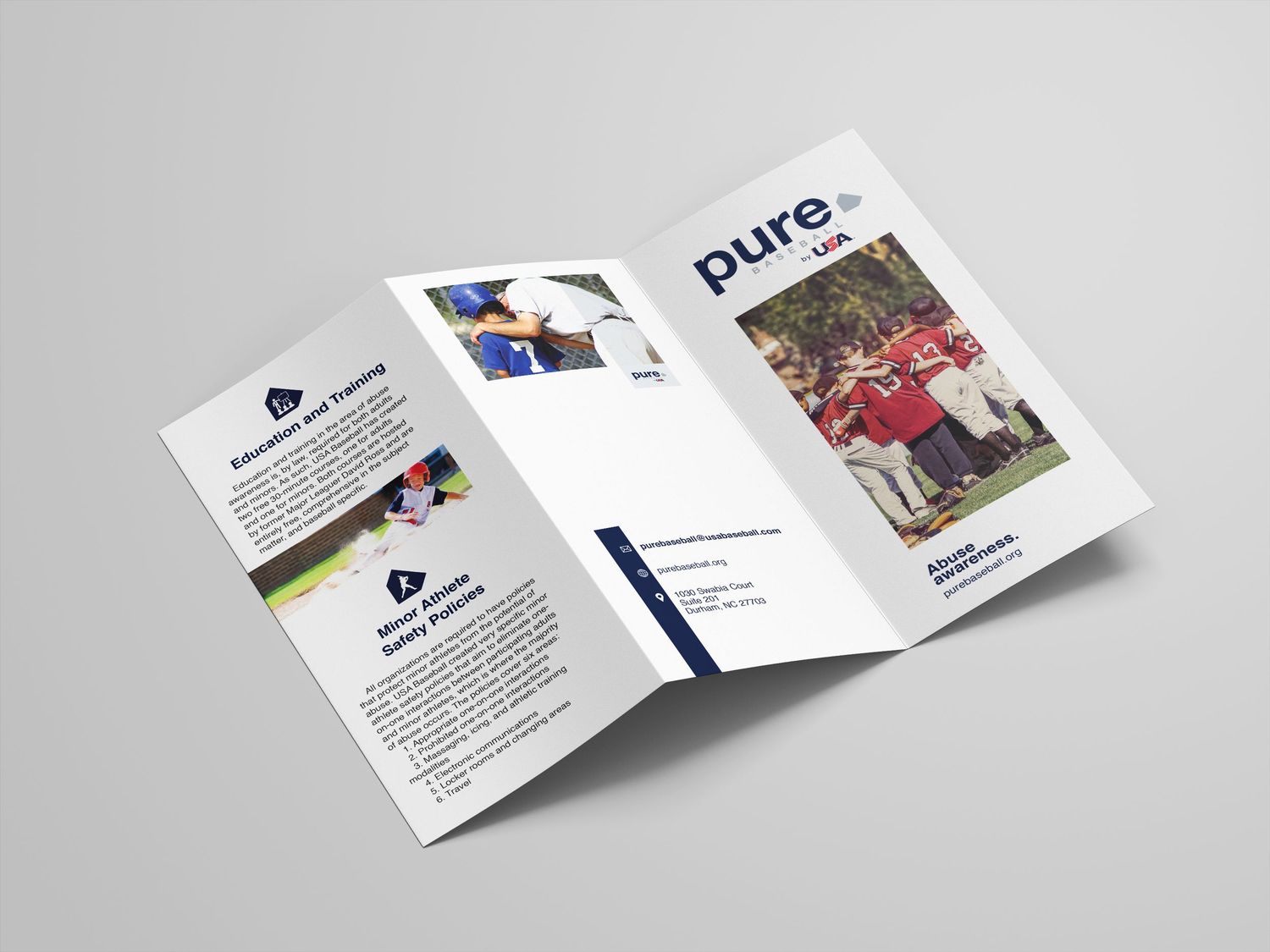 Tri-fold brochure for Pure featuring team photos, training programs, and professional sports coaching services layout.