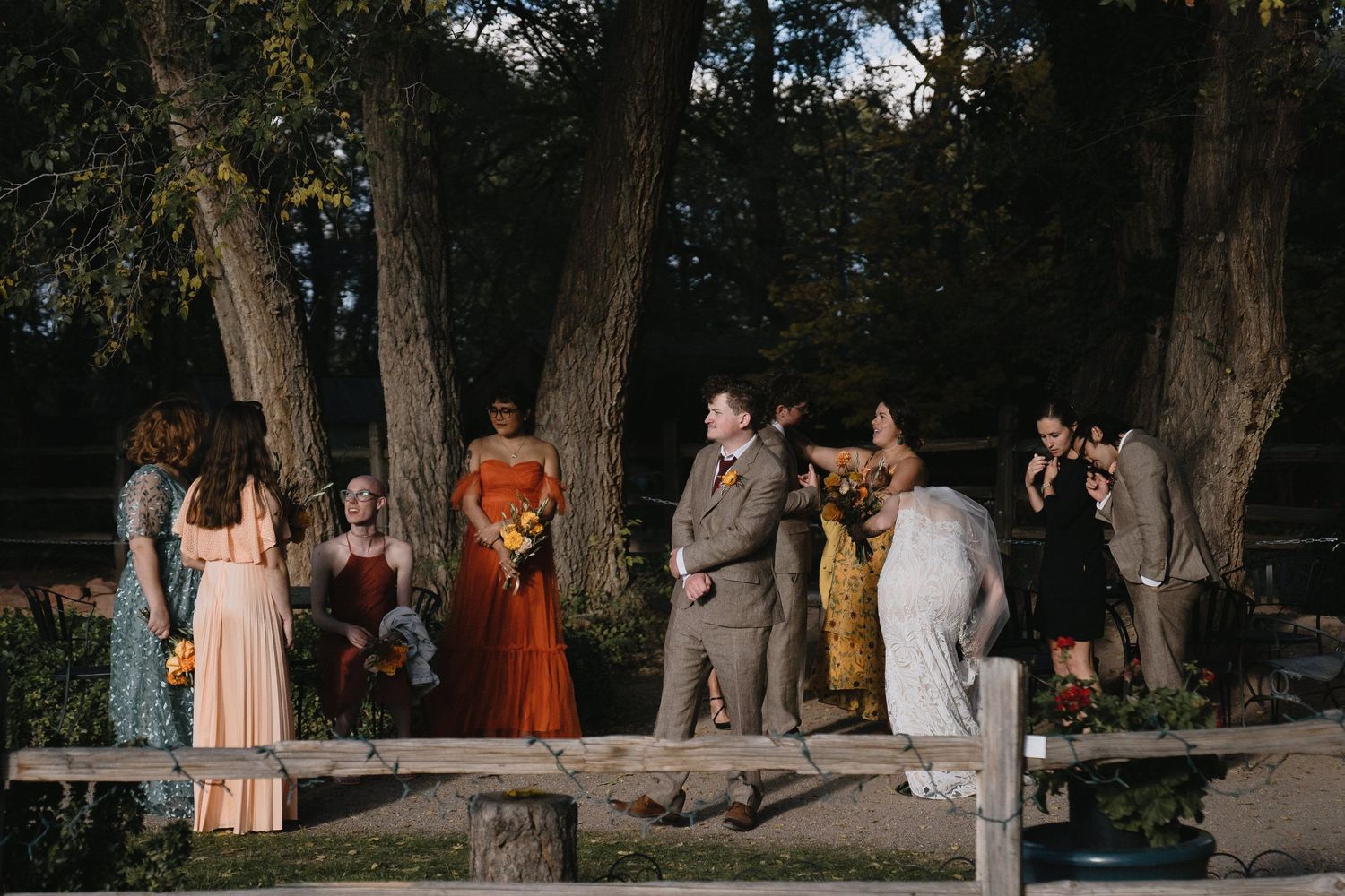 Wedding party in colorful formal attire gathered outdoors among large trees at a rustic venue during golden hour.