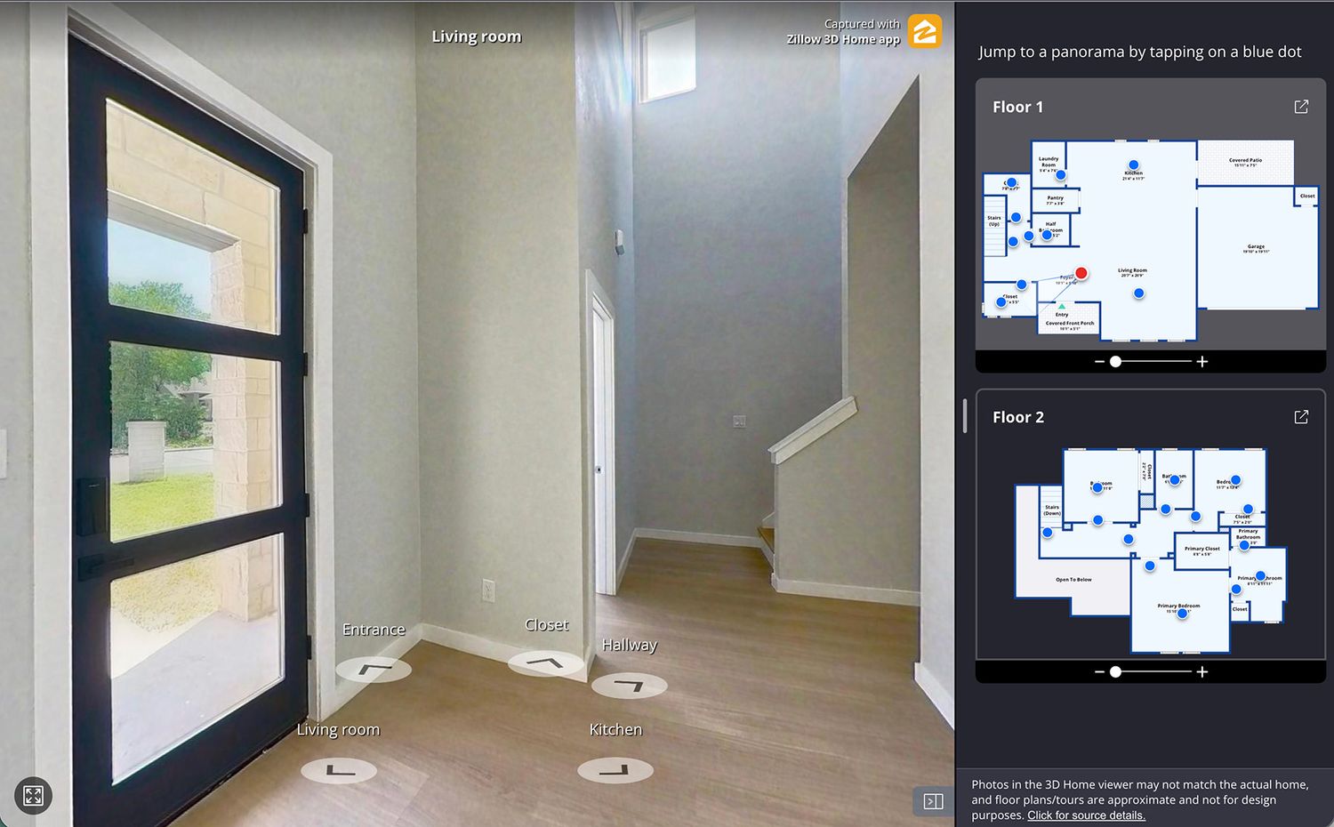 Virtual tour screenshot of a two-story brick and stone home with attached garage, shown beside Floor 1 and Floor 2 interactive floor plans.