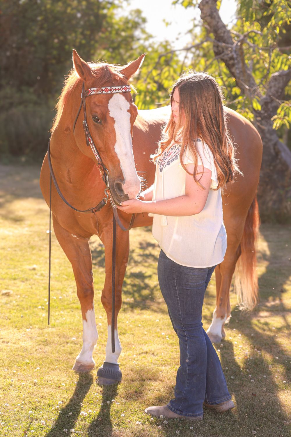 Young girl in white top and jeans stands beside a chestnut horse with white blaze in sunny outdoor setting.