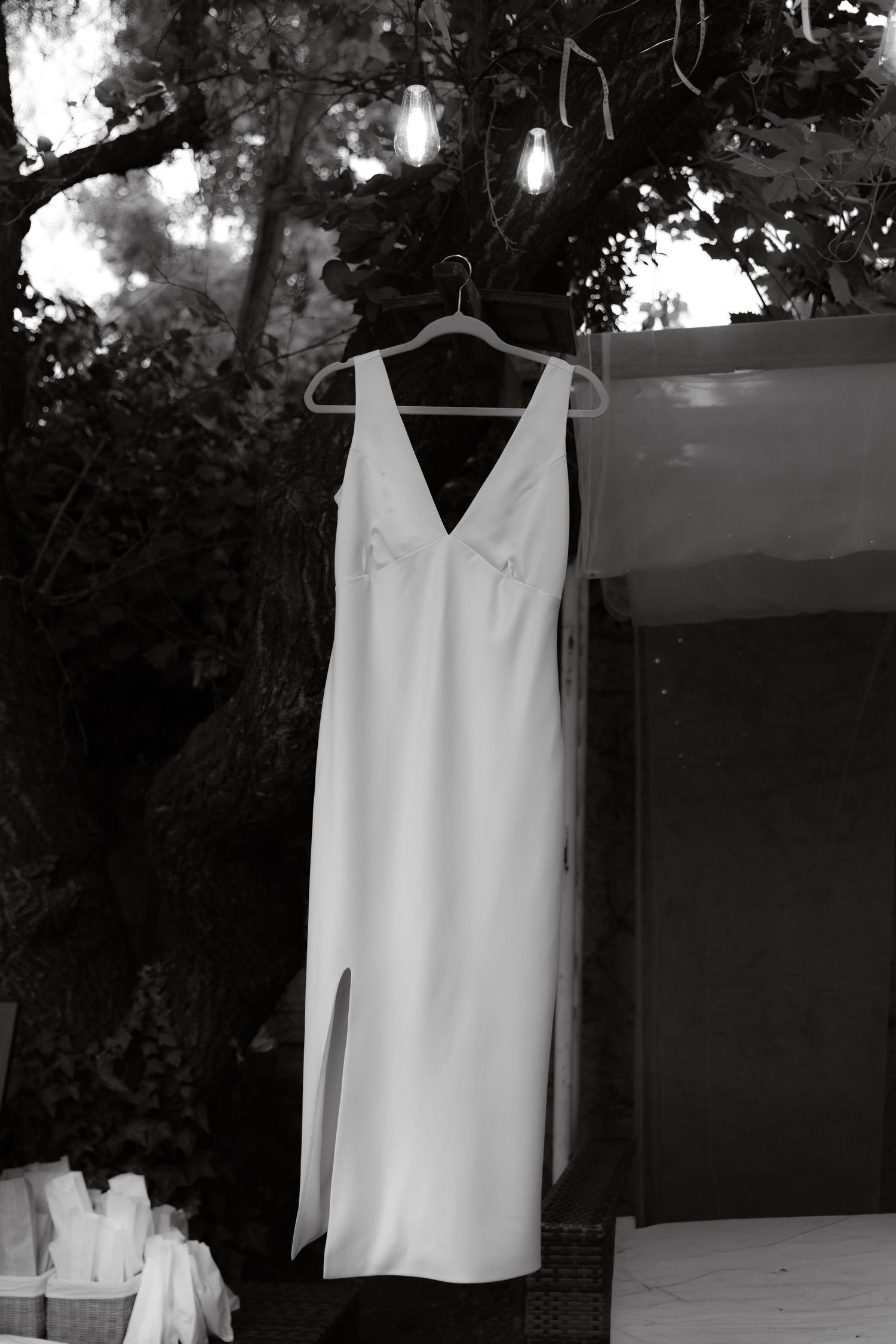 A white wedding dress hangs gracefully on a hanger from a tree branch in black and white.