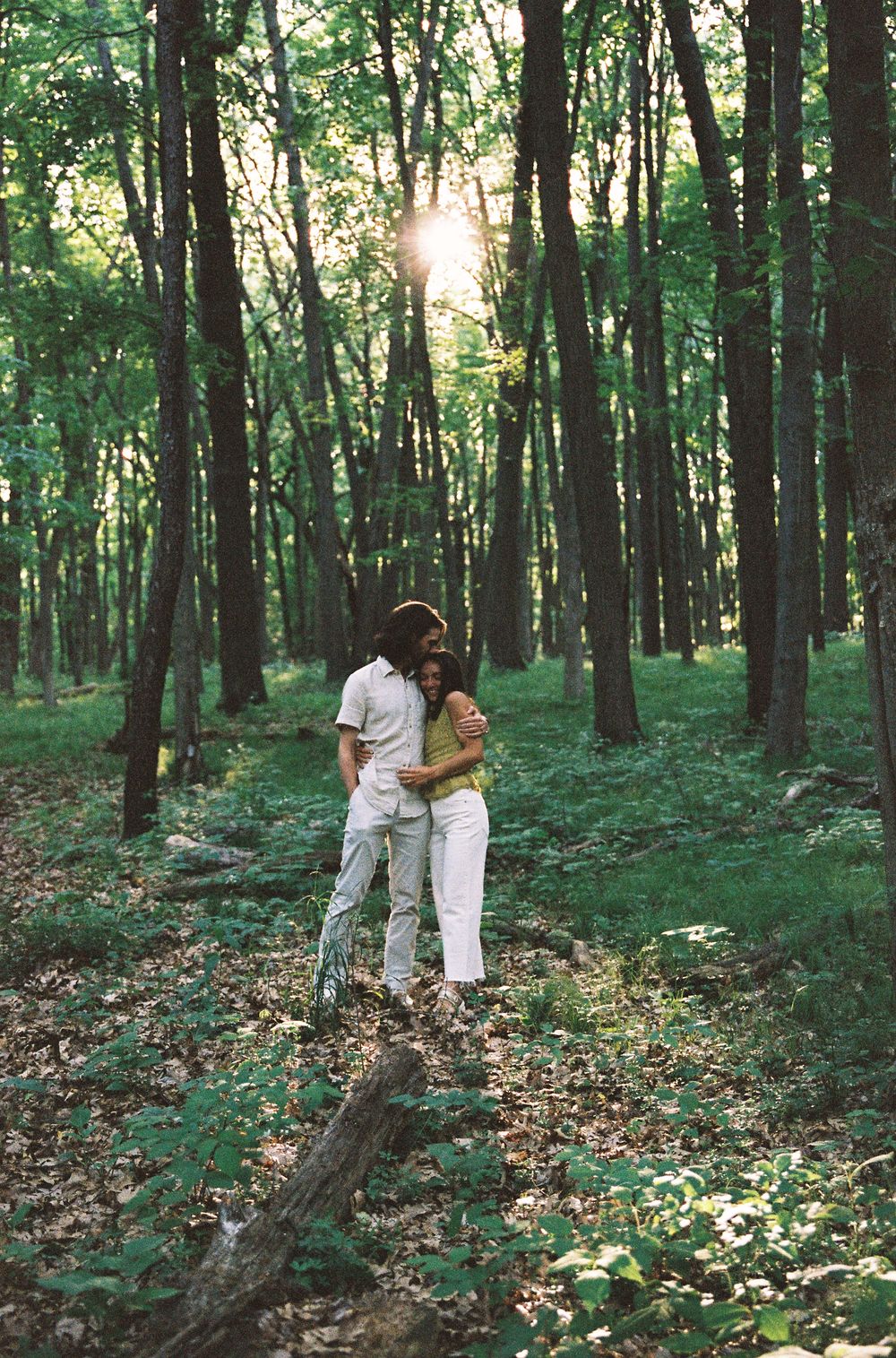 Couple embracing in a sunlit forest, surrounded by tall trees and lush green foliage in a romantic woodland setting.