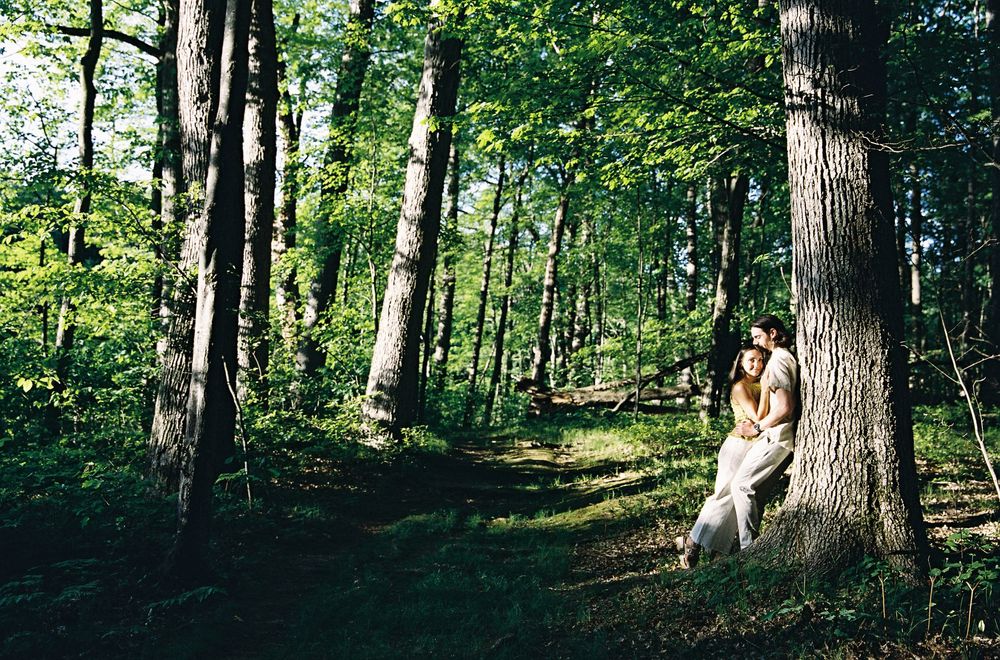 A couple embraces romantically against a tree in a lush green forest on a sunny day.
