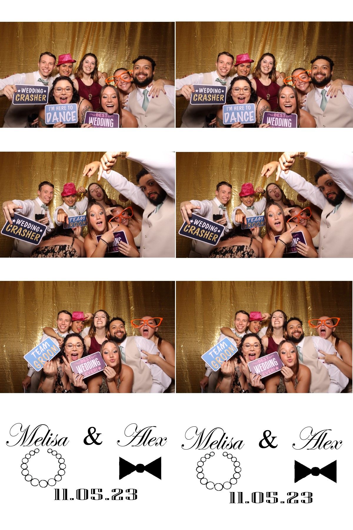 Fun wedding photo booth strip for Melisa and Alex dated 11.05.23 with guests holding props and signs.