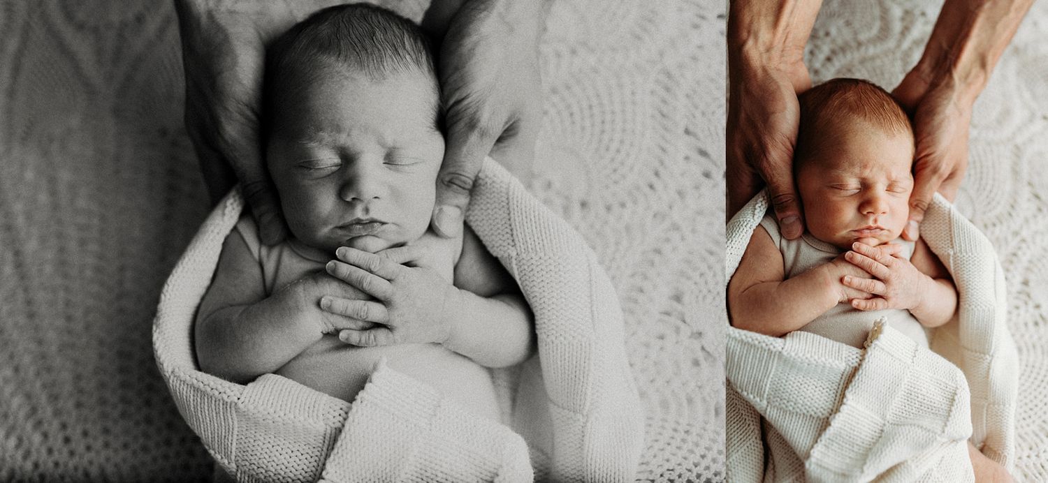 Peaceful sleeping newborn baby wrapped in soft white blanket, captured in serene black and white and color photography.