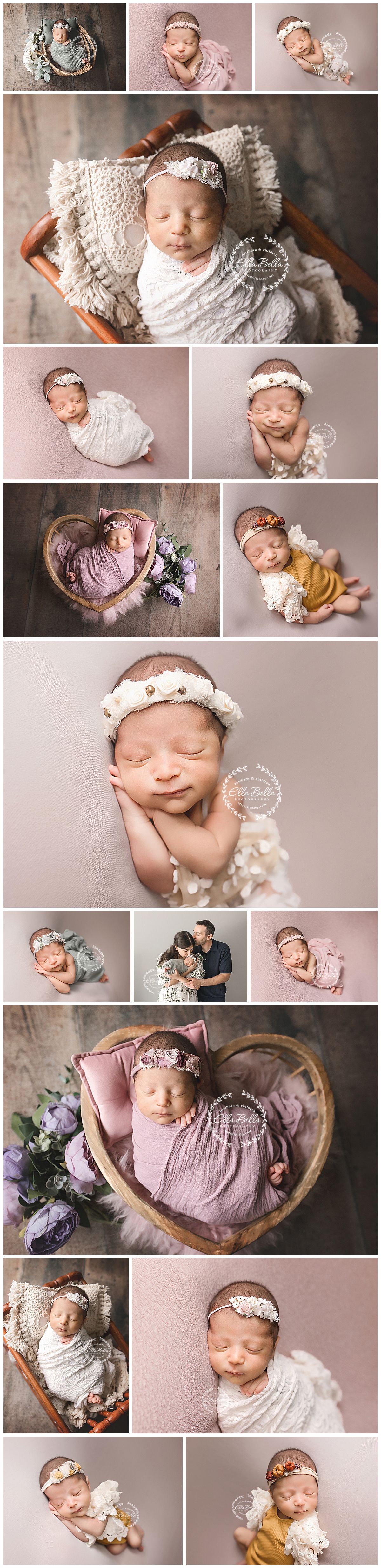 Sleeping newborn baby wrapped in white swaddle with floral headband on cream knit blanket in wooden bed.