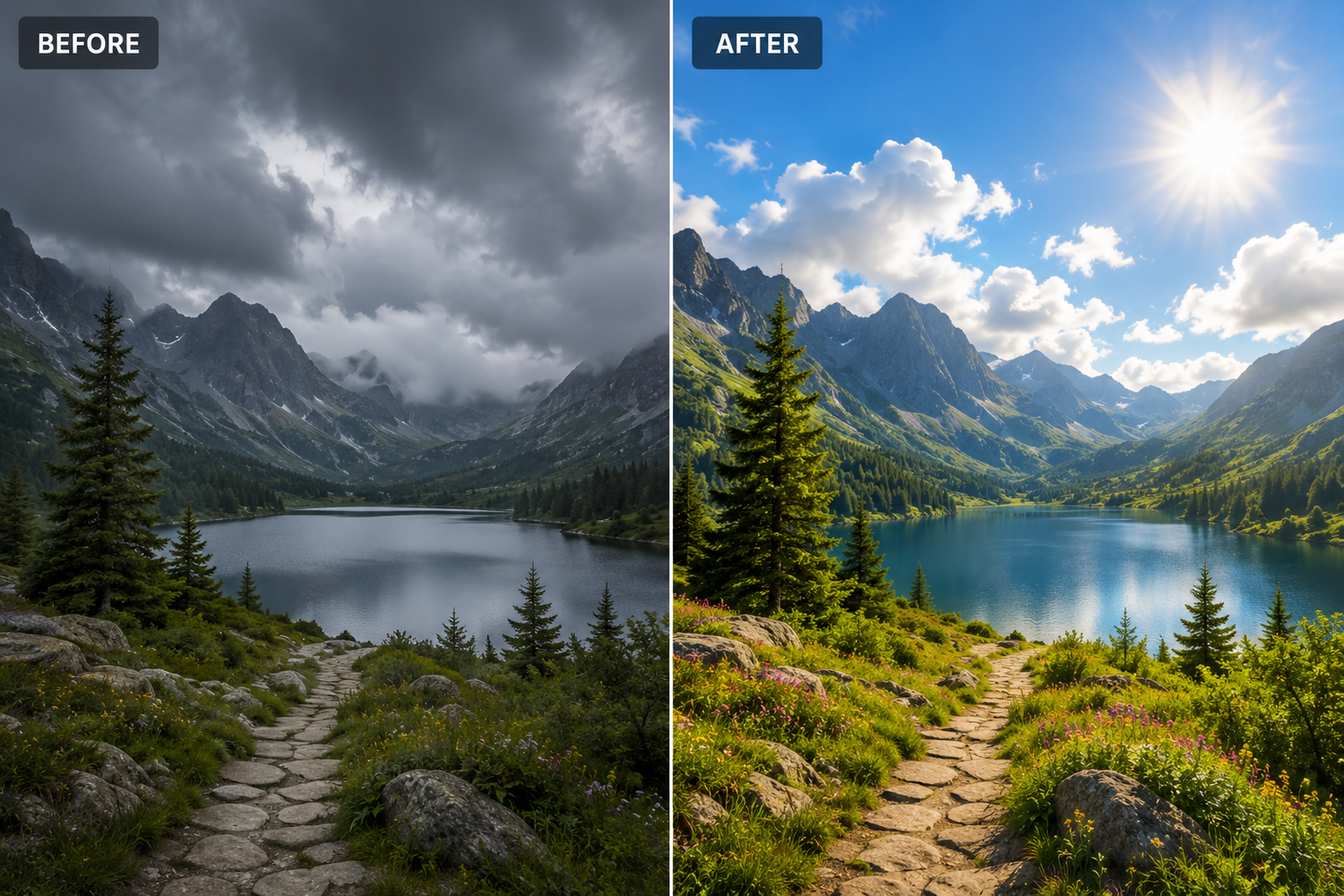 Before and after landscape photo showing a stormy mountain lake transformed into a sunny scenic alpine valley with blue skies.