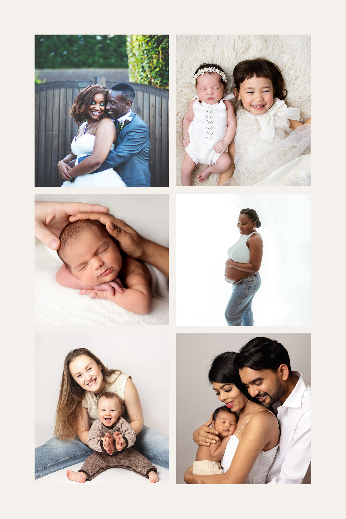 A collage of six family and newborn photos featuring couples, siblings, a pregnant woman, and parents with babies.