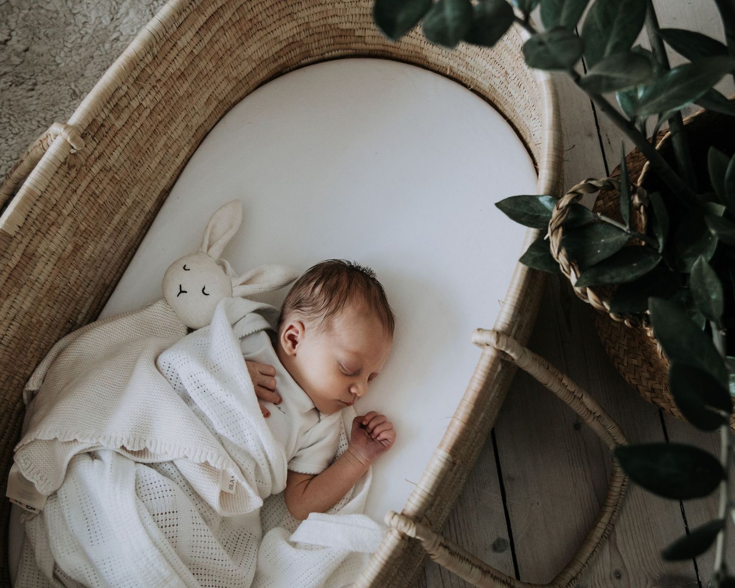 Newborn baby sleeping peacefully in a Moses basket with a knitted bunny comforter during a home newborn session.
