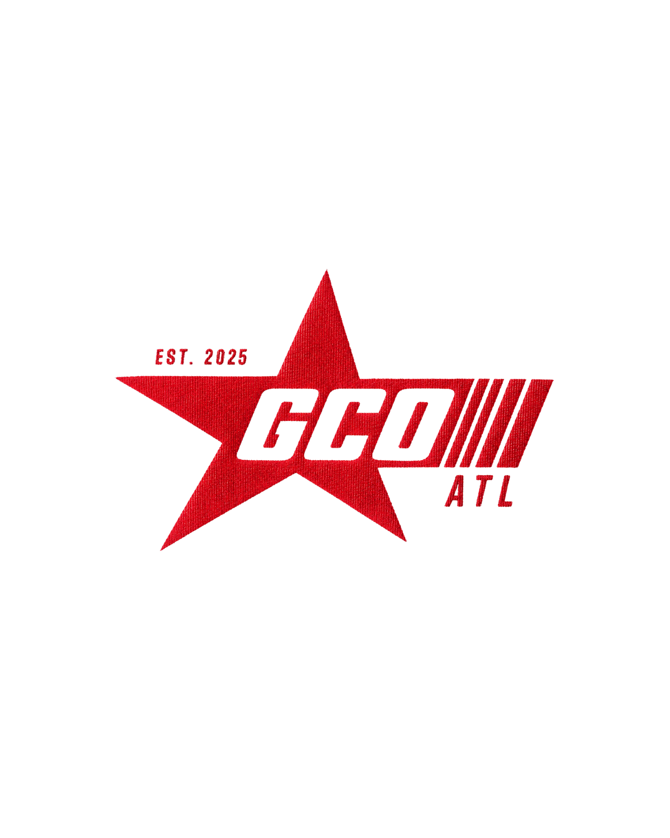Red star logo with GCO ATL text and EST. 2025, featuring racing stripes on white background.