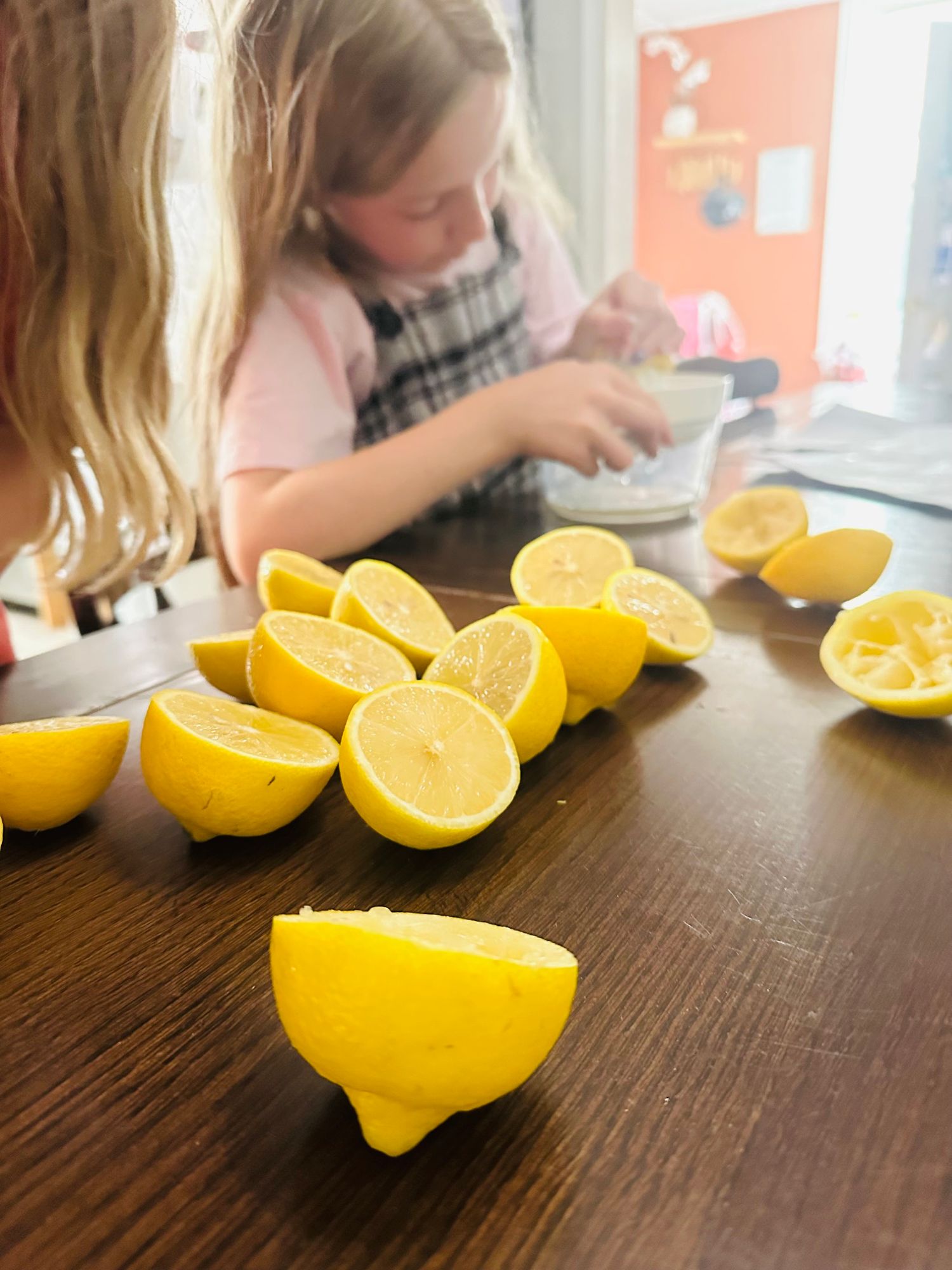 Child pouring fresh lemonade from a dispenser at an outdoor lemonade stand on a sunny day in Lebanon county.