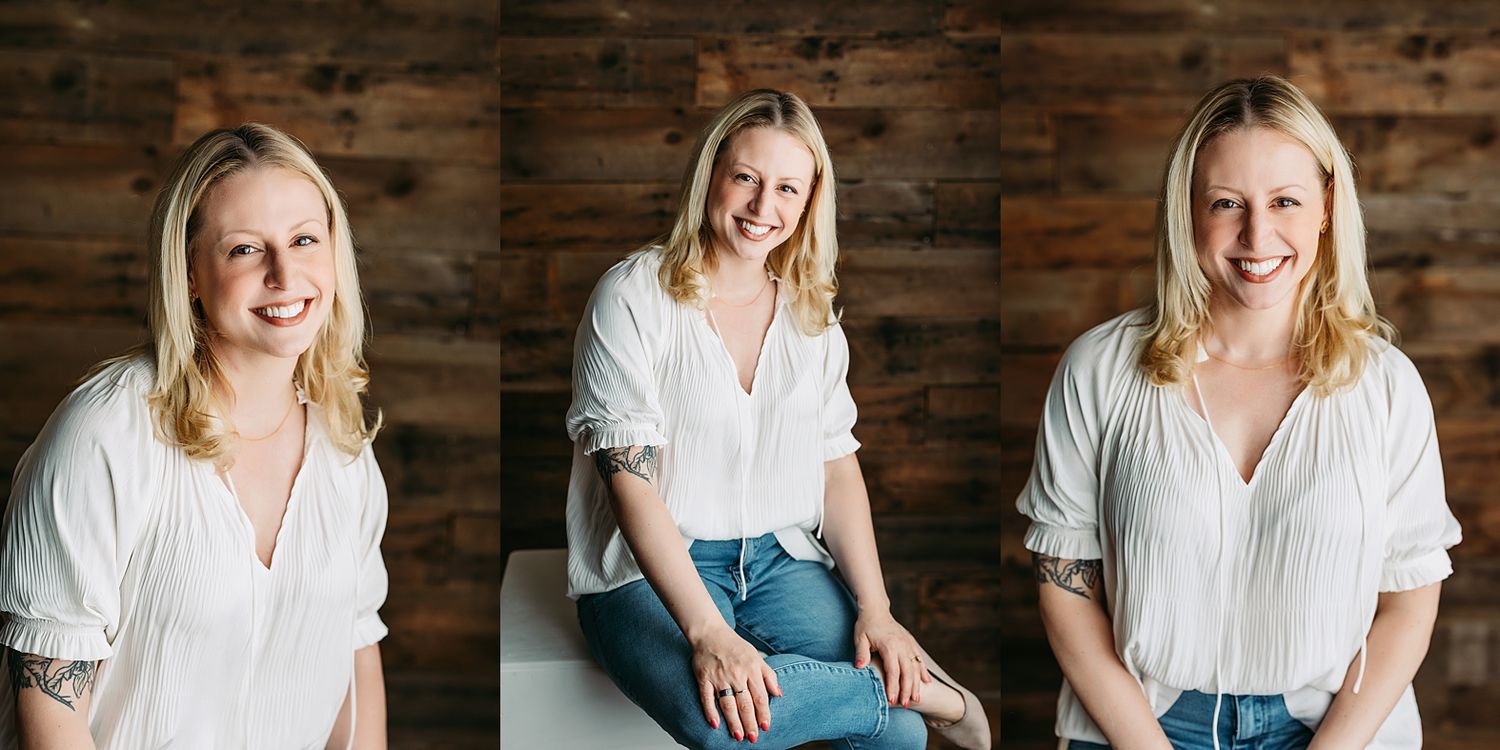 Smiling blonde woman in white blouse and jeans poses for a triptych portrait against a rustic wood wall.