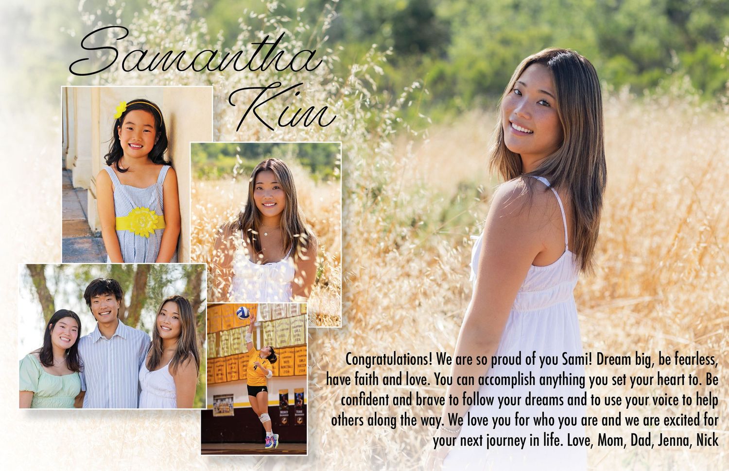 Graduation photo collage for Samantha Kim featuring celebratory portraits and a heartfelt congratulatory message from family.