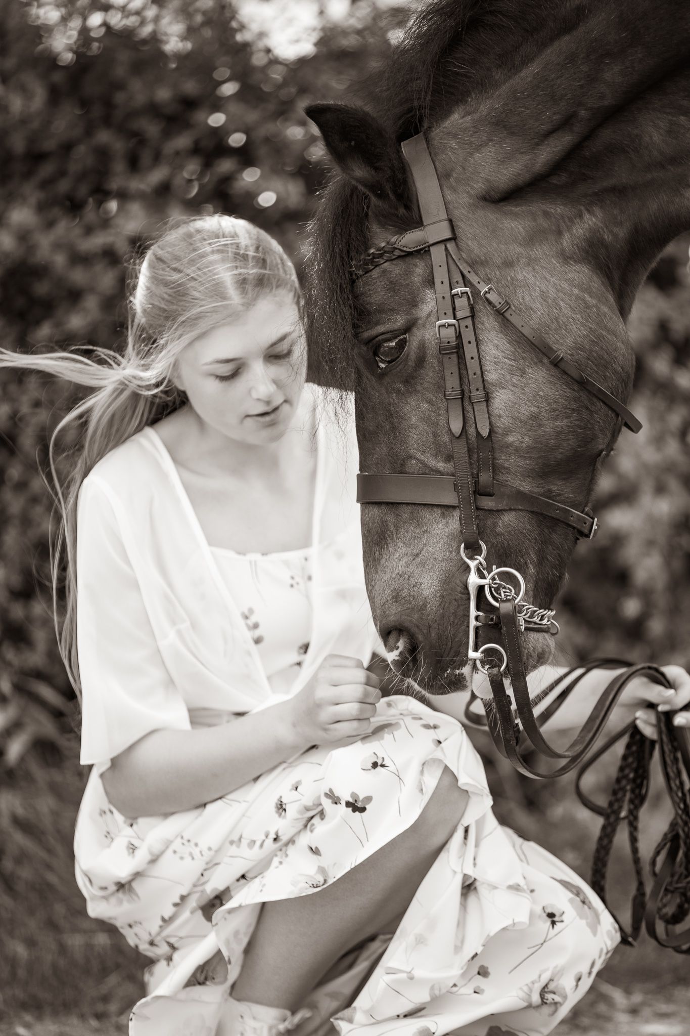 A beautiful bay horse wearing a black bridle stands next to someone in a white lace dress in an outdoor setting.