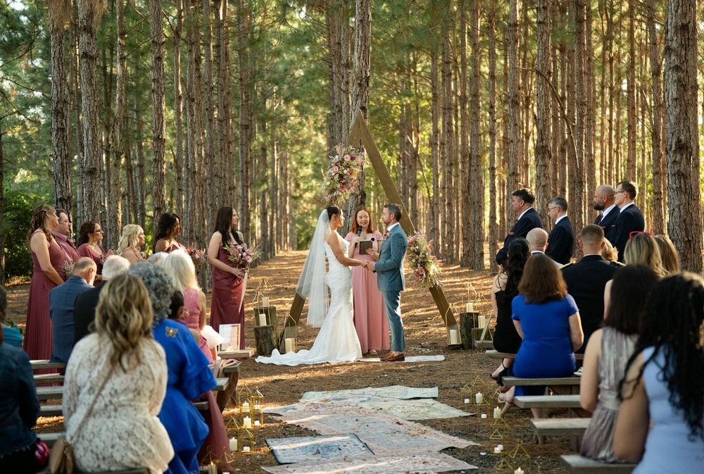 Outdoor wedding ceremony in pine forest with couple at floral arch altar, surrounded by wedding party and seated guests.