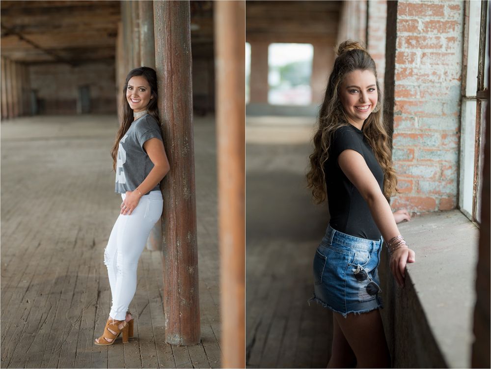 Young woman posing in two outfits, white jeans and denim shorts, in a rustic brick warehouse setting.