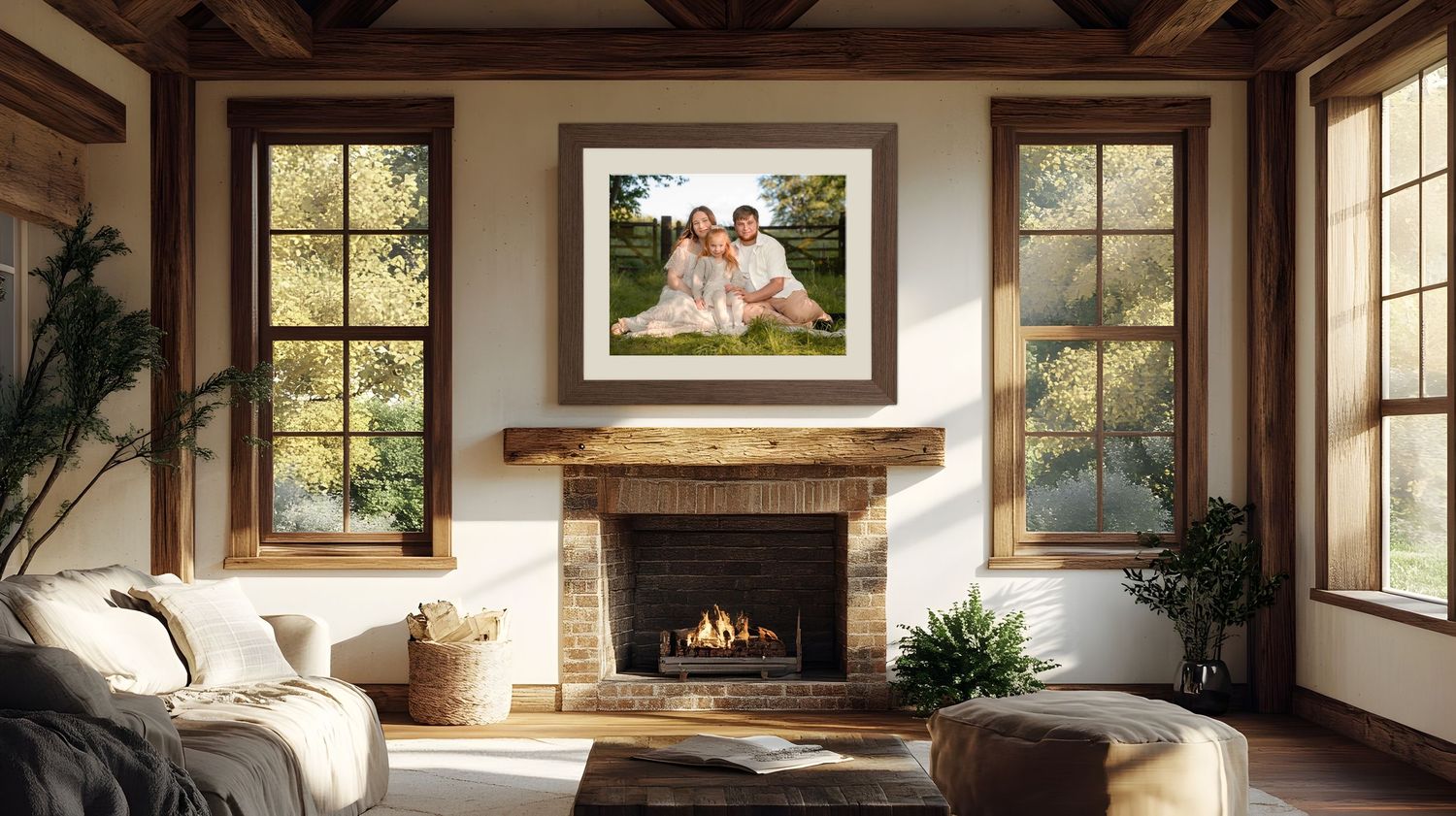 Rustic living room with brick fireplace, wood beam ceiling, and framed family portrait above mantel.