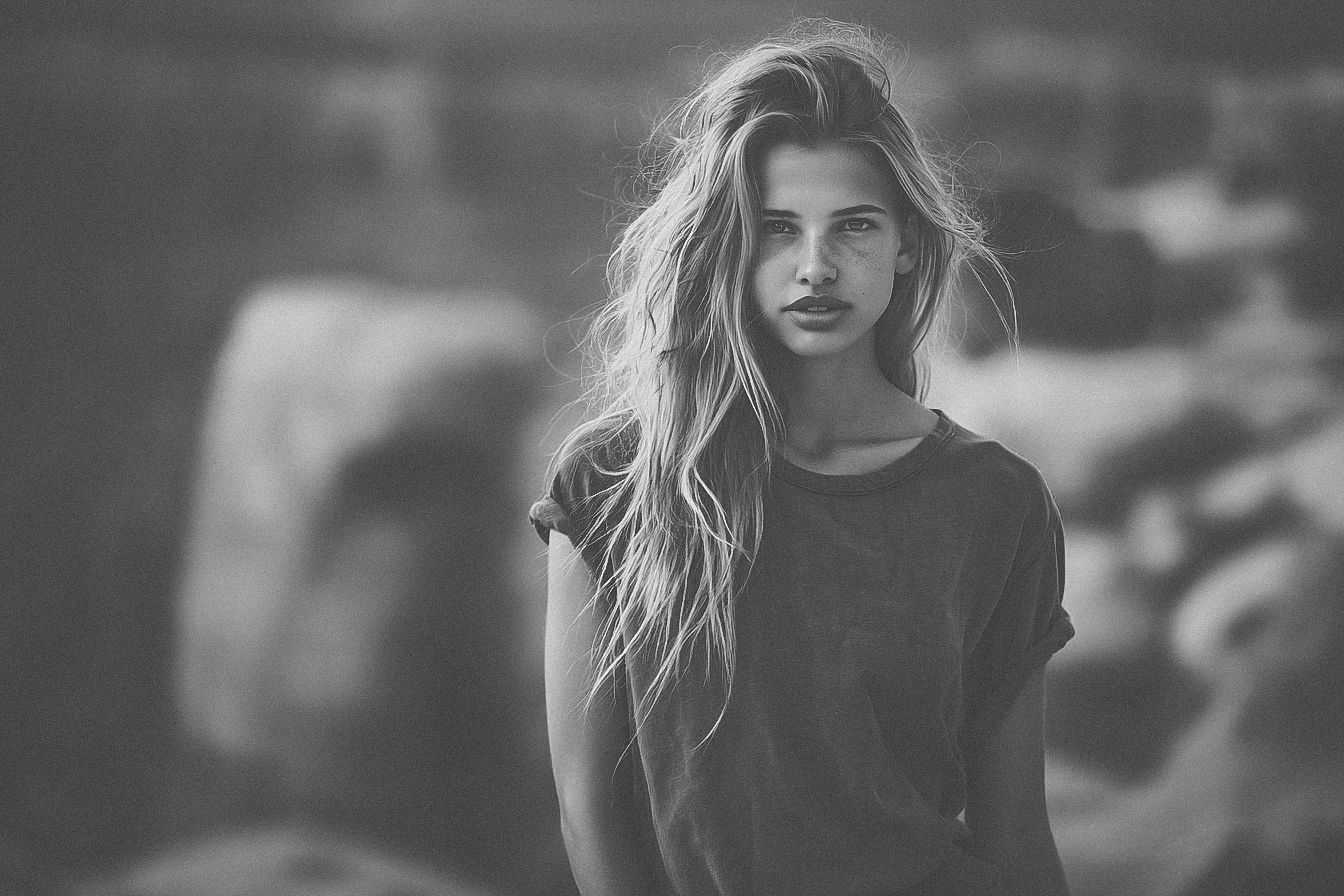 Black and white portrait of a young woman with long wavy hair wearing a casual t-shirt outdoors.