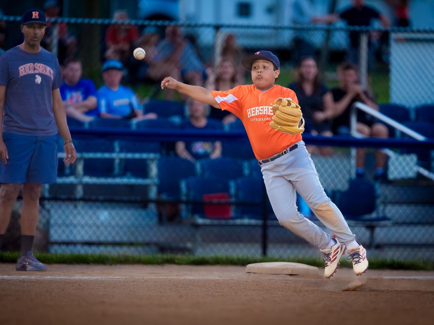 Hershey Little League player flying throw during league championships, by Deanna Fox, SportsFox Photography, Hershey PA