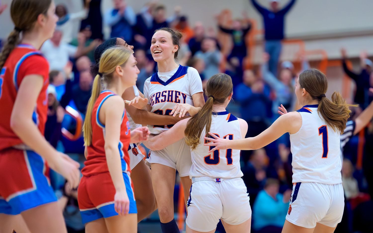 Hershey girls basketball team reacts to Taylor's buzzer-beating three vs Redland, by Deanna Fox, SportsFox Photography based in Hershey PA