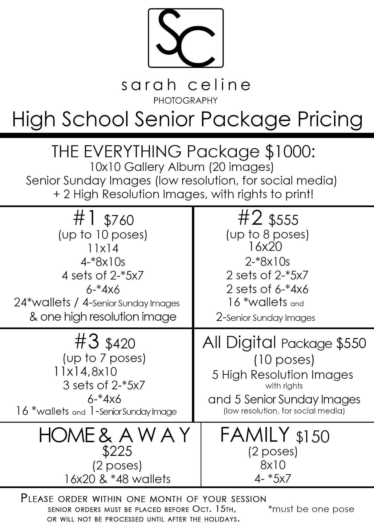 Sarah Celine Photography high school senior package pricing chart showing packages from $150 to $1000 with photo quantities and print sizes.