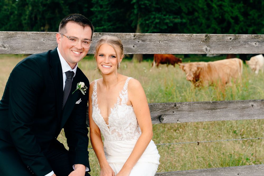Smiling bride and groom pose together in front of a rustic wooden fence with Highland cattle grazing in a green field.