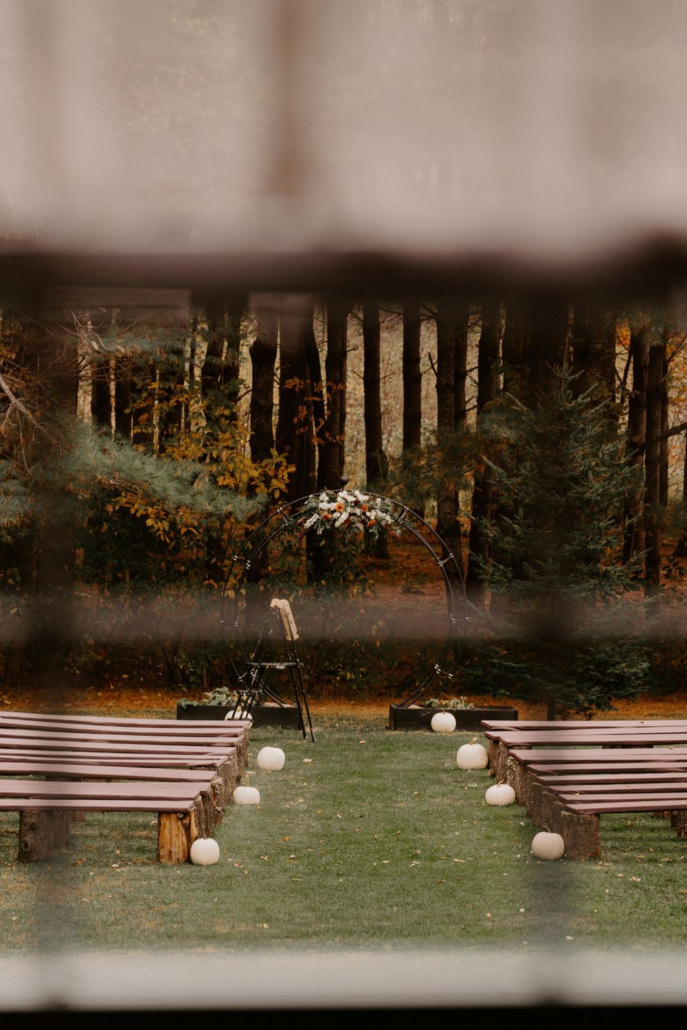 Outdoor fall wedding ceremony setup with wooden benches, white pumpkins lining the aisle, and a floral arch amid autumn forest.