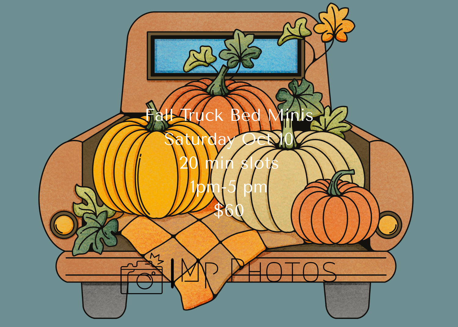 Fall truck bed minis photography session featuring pumpkins and autumn decor on a vintage orange pickup truck.