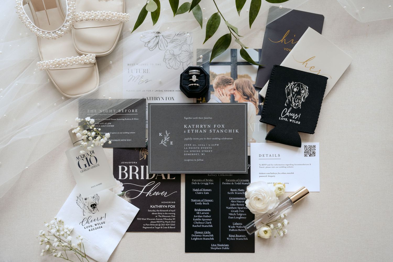 Invitation suite, perfume & cologne, bridal shoes, floral, drink coozie & vow books showcase all the details at La Pointe Events in Somerset