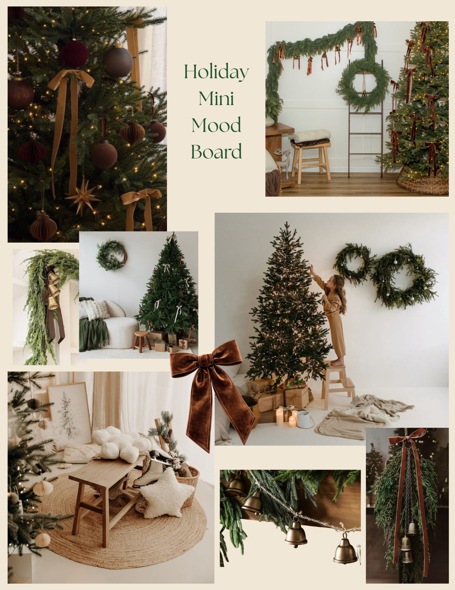 Holiday mini mood board featuring Christmas trees, wreaths, and festive decor in green, red, and natural tones.