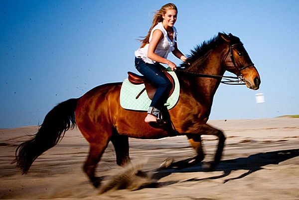 A rider gallops on a brown horse across sandy terrain against a bright blue sky.