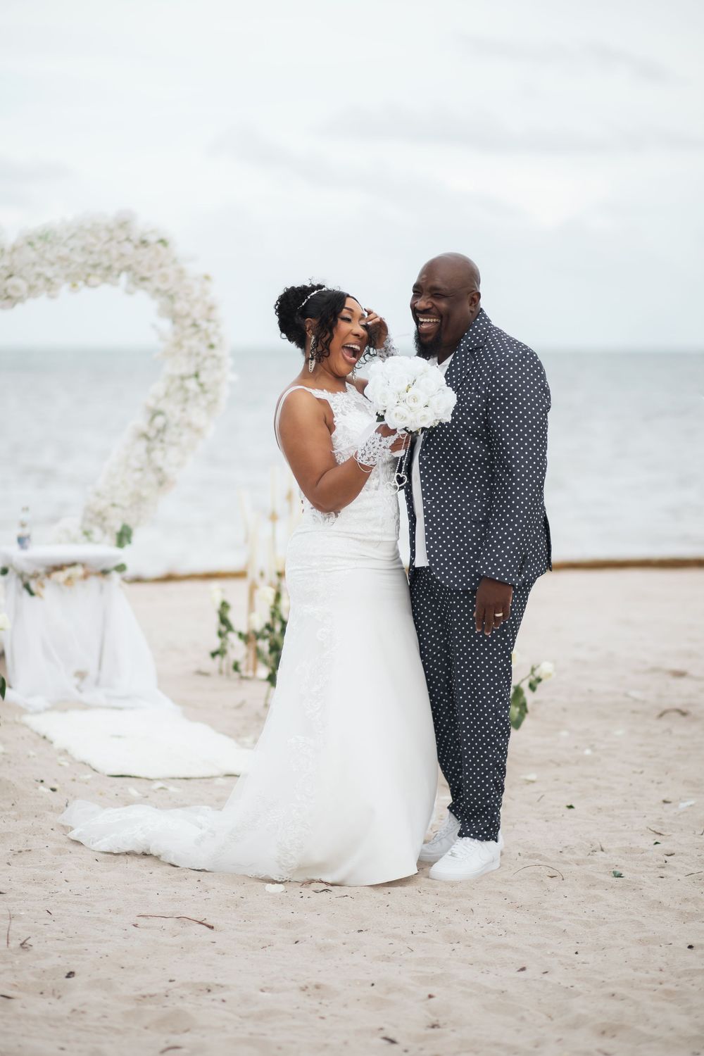 Newlywed couple embracing in elopement wedding at Crandon Park Miami.