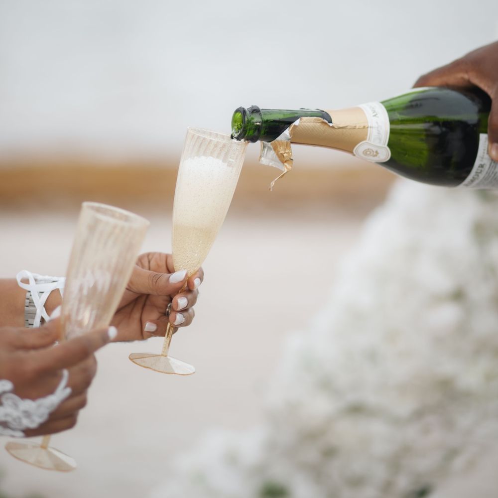 Newlywed couple toasting champagne in elopement wedding at Crandon Park Miami.