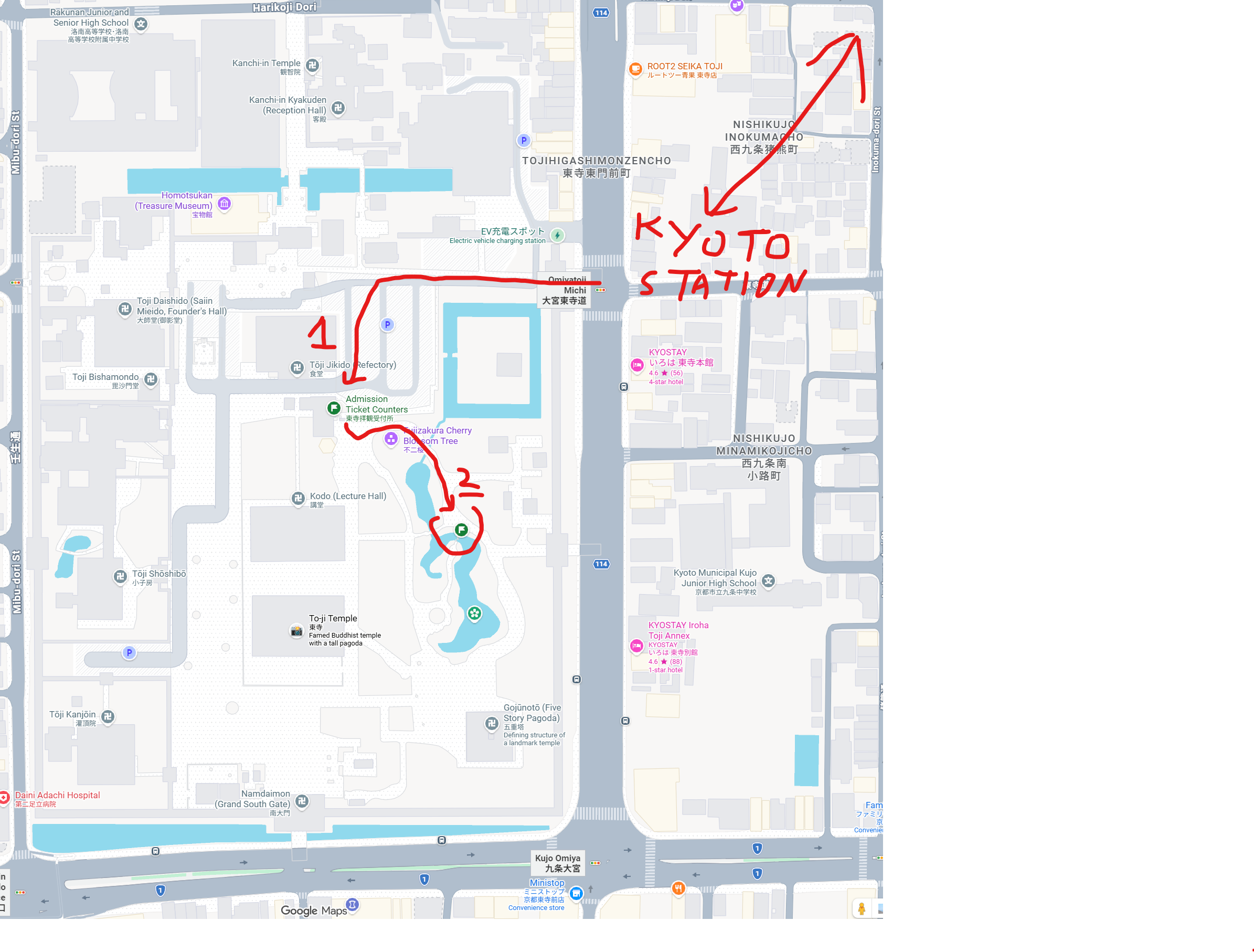 Map showing a green park area with a marked walking route in an urban district.