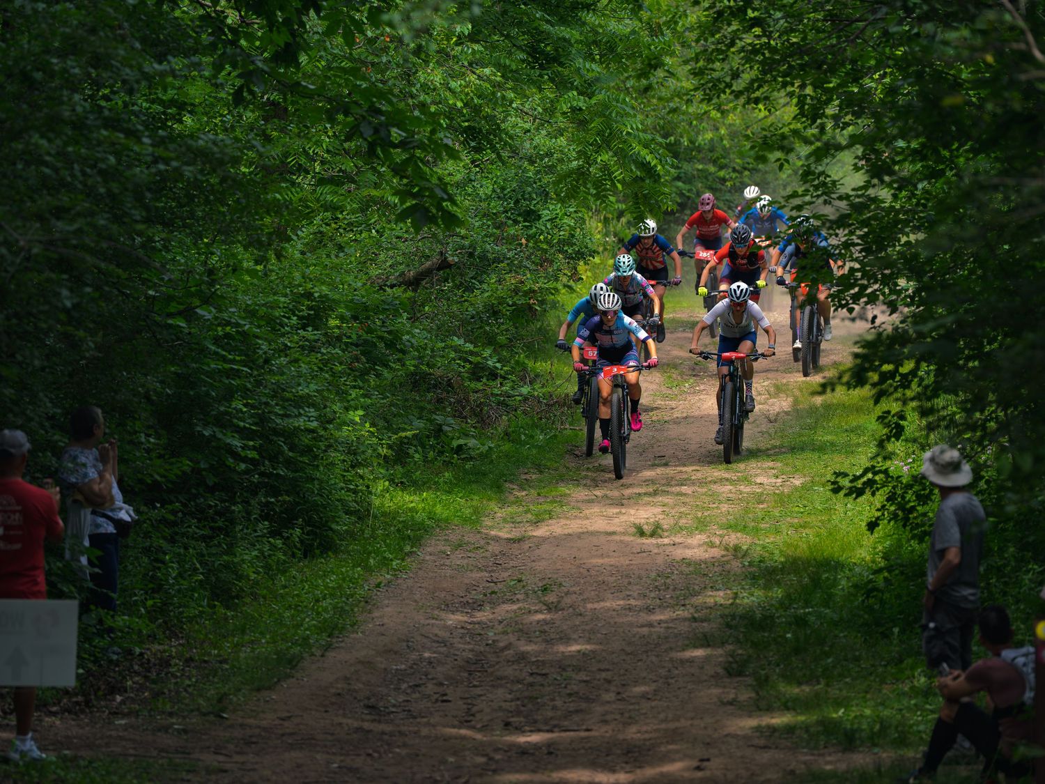 A pack of mountain bike racers climbs a narrow dirt singletrack lined with dense green summer trees, front riders leading the field uphill.
