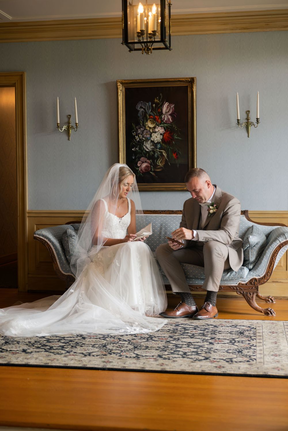 Couple sharing a quiet moment in the historic home at Little Brook Meadows, a Central Ohio wedding venue
