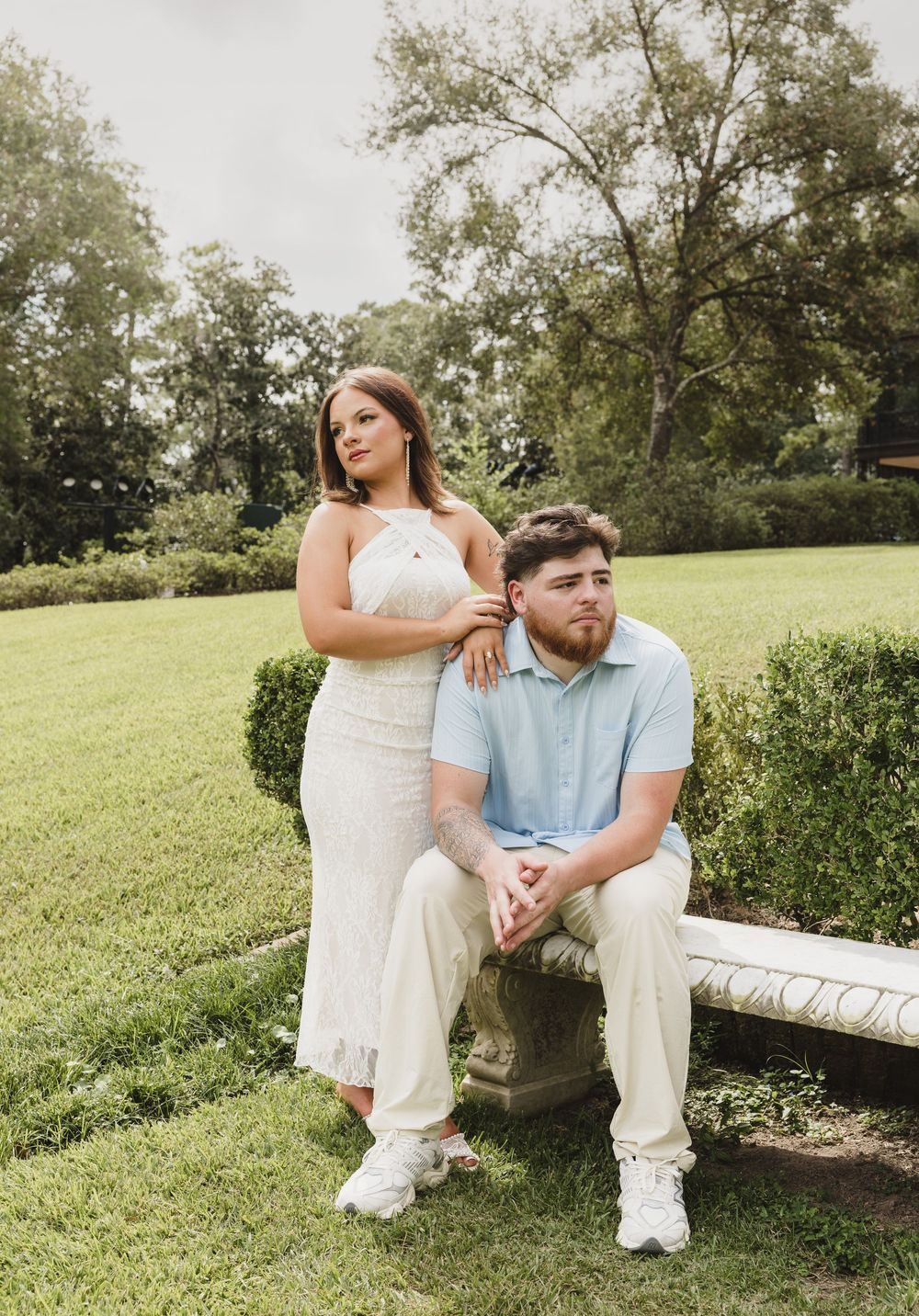 Couple during their romantic engagement session at Bayou Bend Collection and Gardens in Houston, Texas.