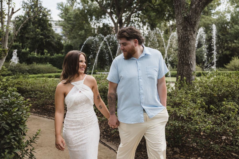 Couple during their romantic engagement session at Bayou Bend Collection and Gardens in Houston, Texas.
