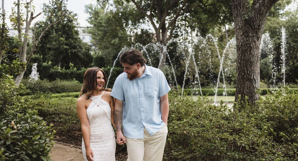 Couple during their romantic engagement session at Bayou Bend Collection and Gardens in Houston, Texas.