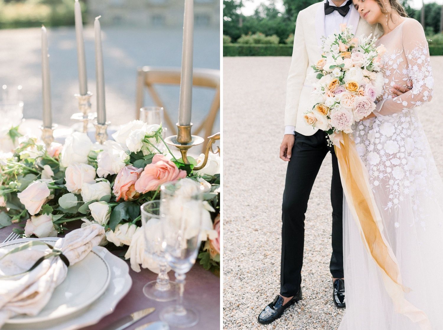 Romantic wedding tablescape with gold candles and pink florals beside couple with gold ribbon bouquet.