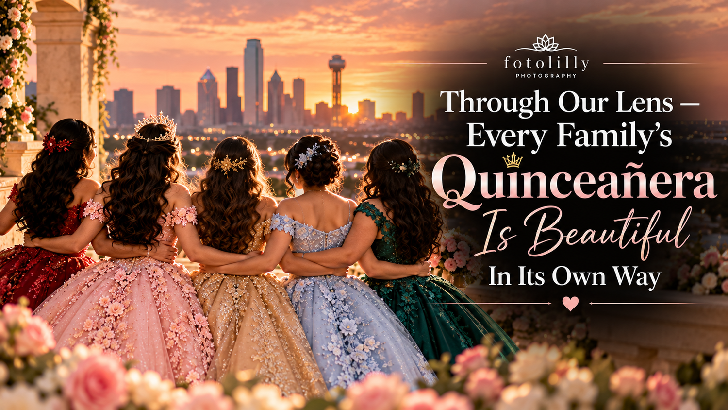 Traditional Quinceañera without Catholic Mass in North Texas with crown, elegant dress, family traditions and Fotolilly photography in TX