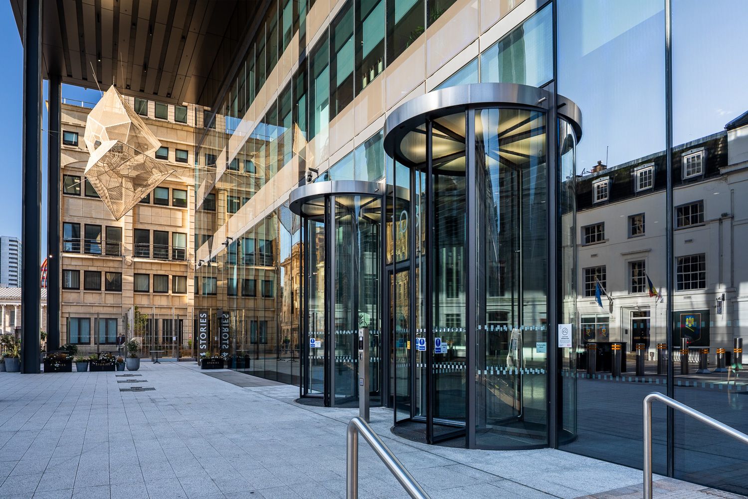 Glass façade and architectural details of 103 Colmore Row Birmingham
