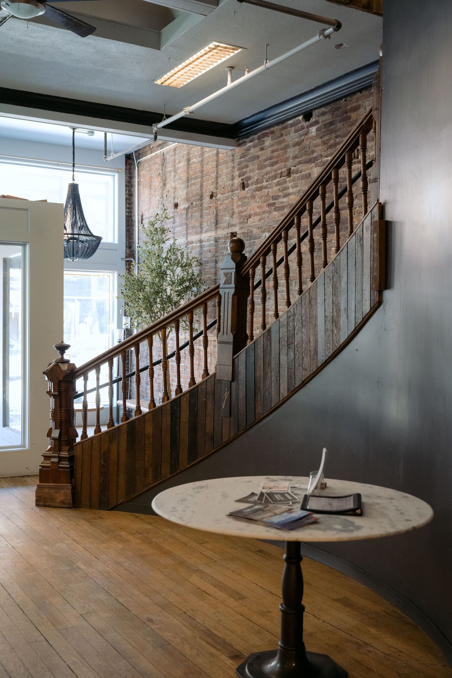 Historic, curved staircase at Loft 214 in Stillwater, MN