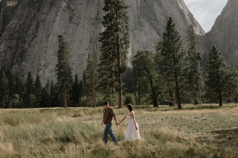 Couple holding hands walking through a meadow in Yosemite Valley with tall pine trees and granite cliffs in the background.