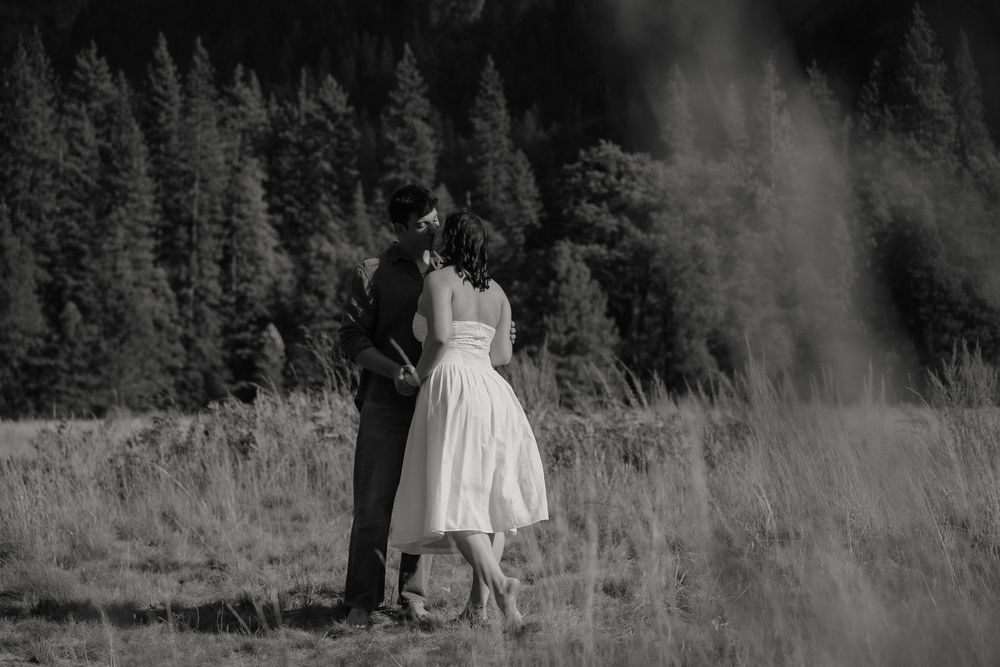 Black and white photo of a couple kissing in a meadow with tall pine trees in the background.