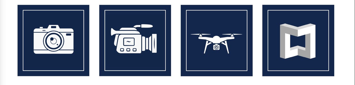 Four white icons on dark blue squares depicting a camera, video camera, drone, and 3D cube representing photography and media services.