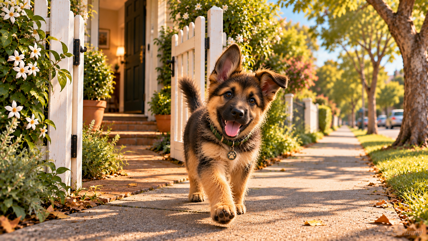 Whiskers & Co song Got To Explore – happy puppy running along a sunny neighbourhood footpath