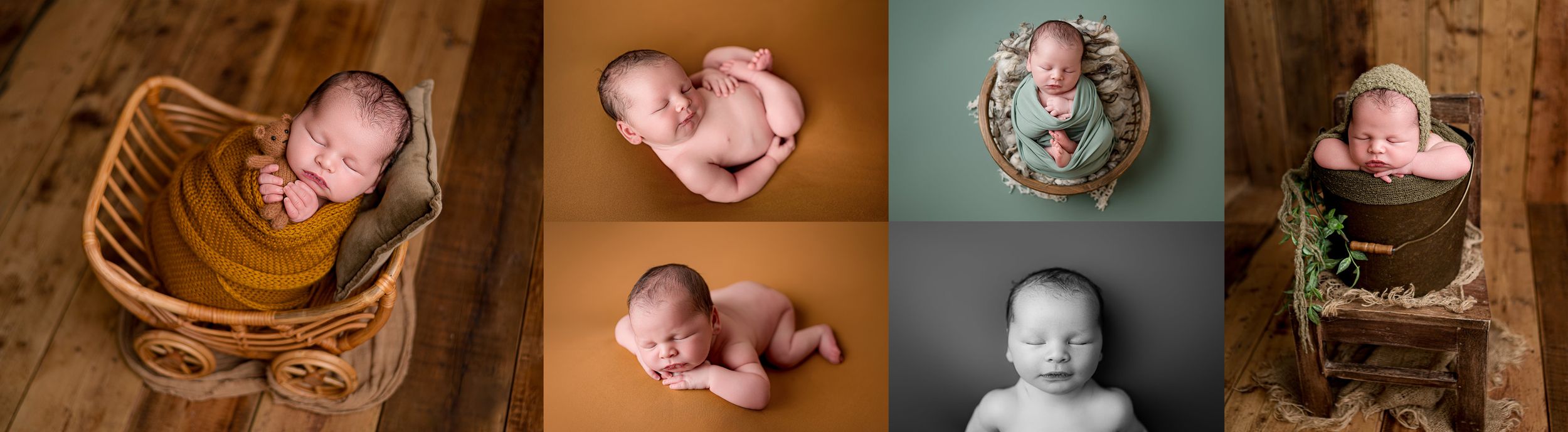 Newborn baby photo collage showing a sleeping infant in a wicker cart, curled on a wooden floor, and nestled in a bucket with a knit bonnet.