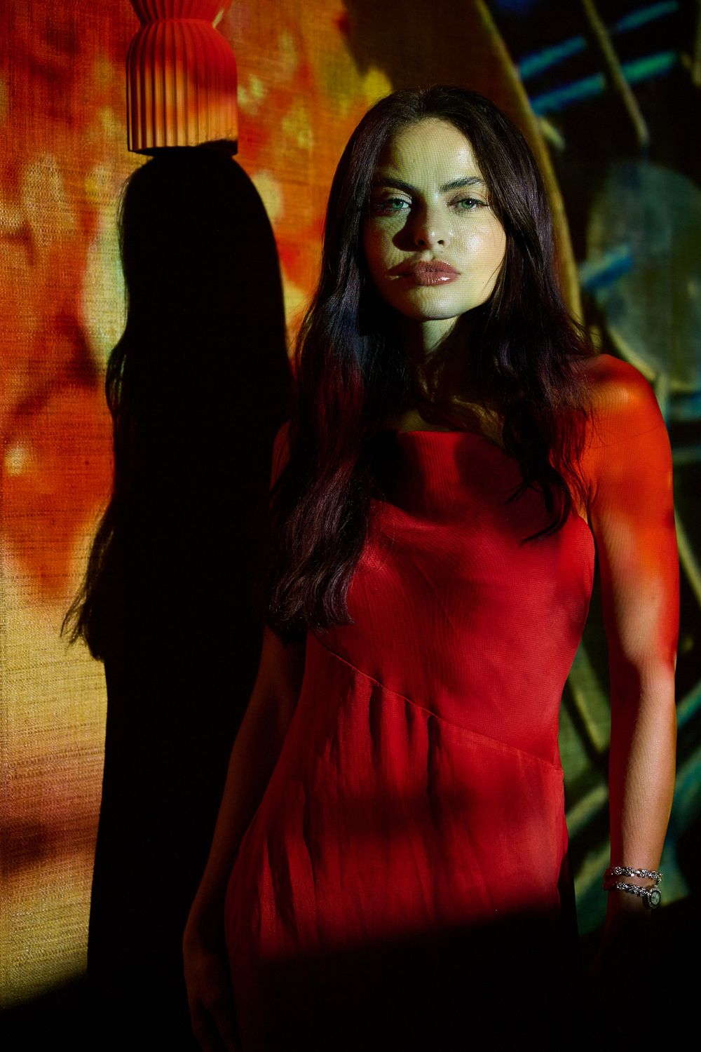 Woman with long dark hair in a red dress stands against a warm orange backdrop, her shadow cast beside her in moody, dramatic lighting.