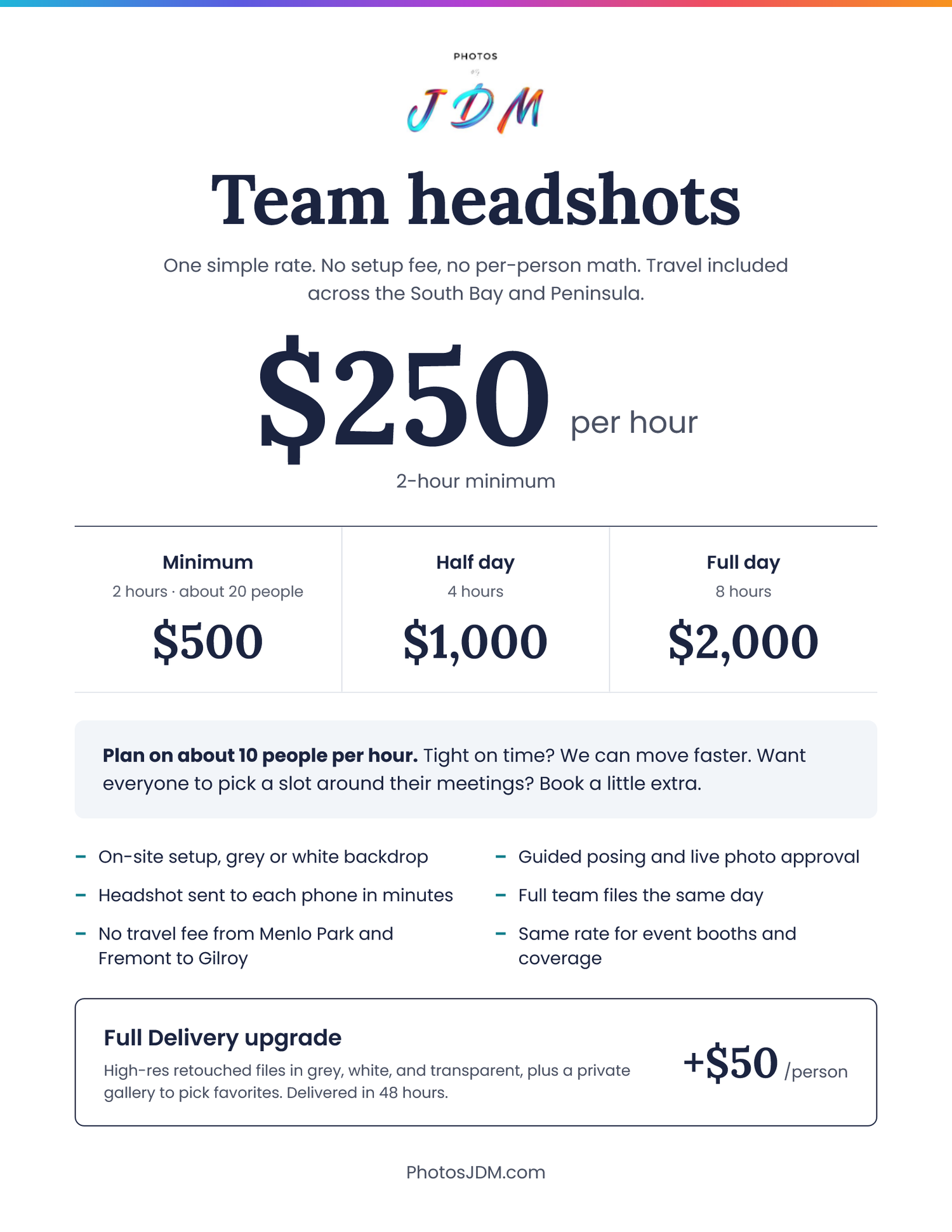 On-site corporate team headshot photographer in San Jose and Silicon Valley offering hourly group headshots by Photos by JDM.